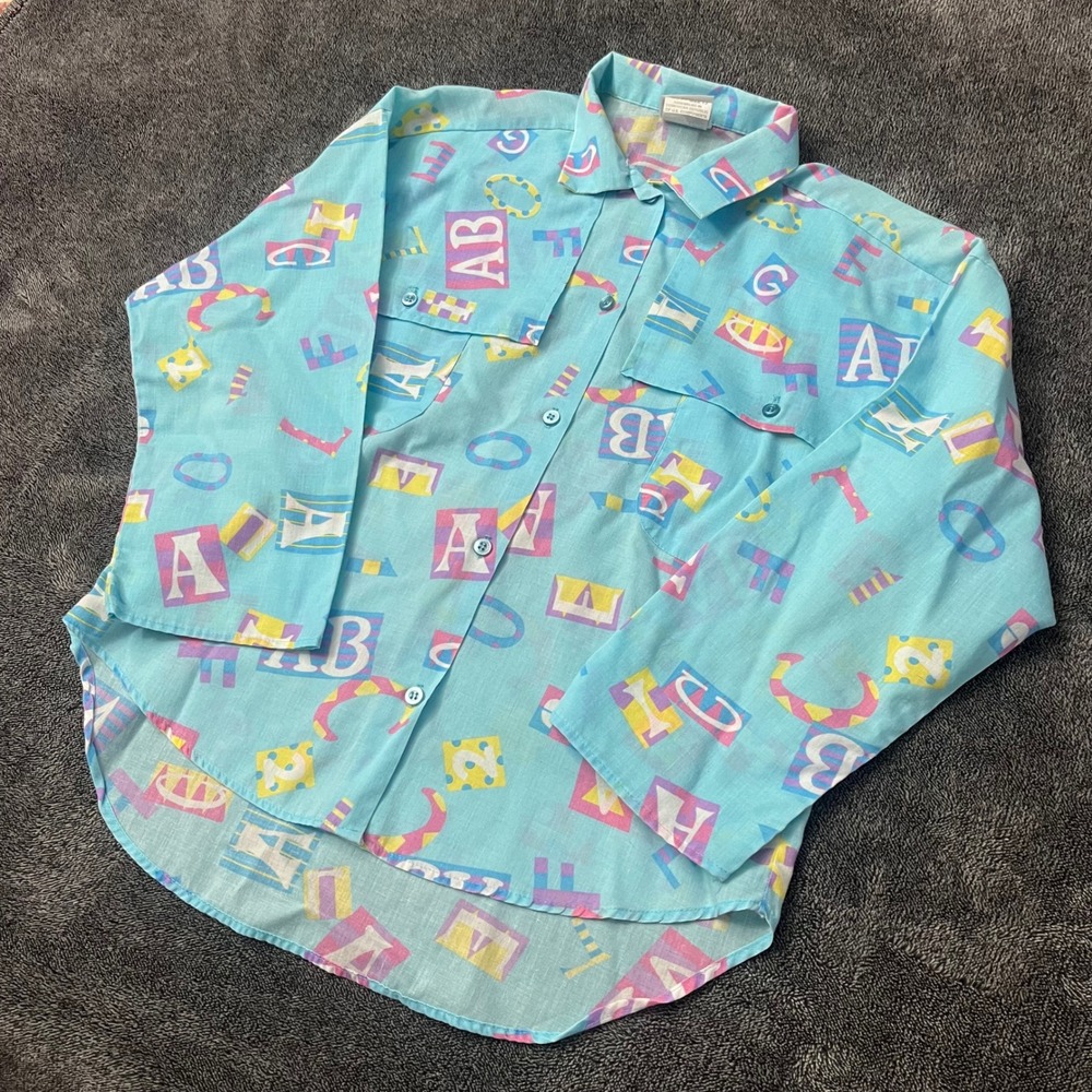90's Vintage Land n Sea Kids Alphabet Block Print Button Down Shirt Blue Size 12